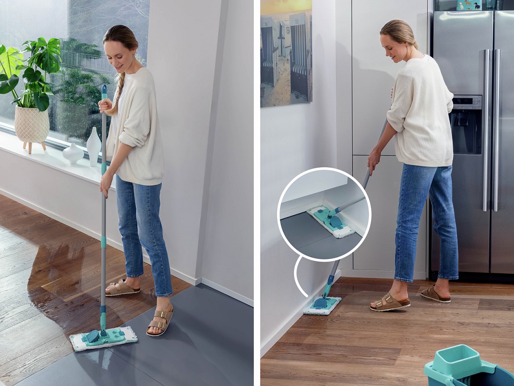 Mop Leifheit PowerClean M plus 2x micro duo widok na kobietę myjącą podłogę mopem